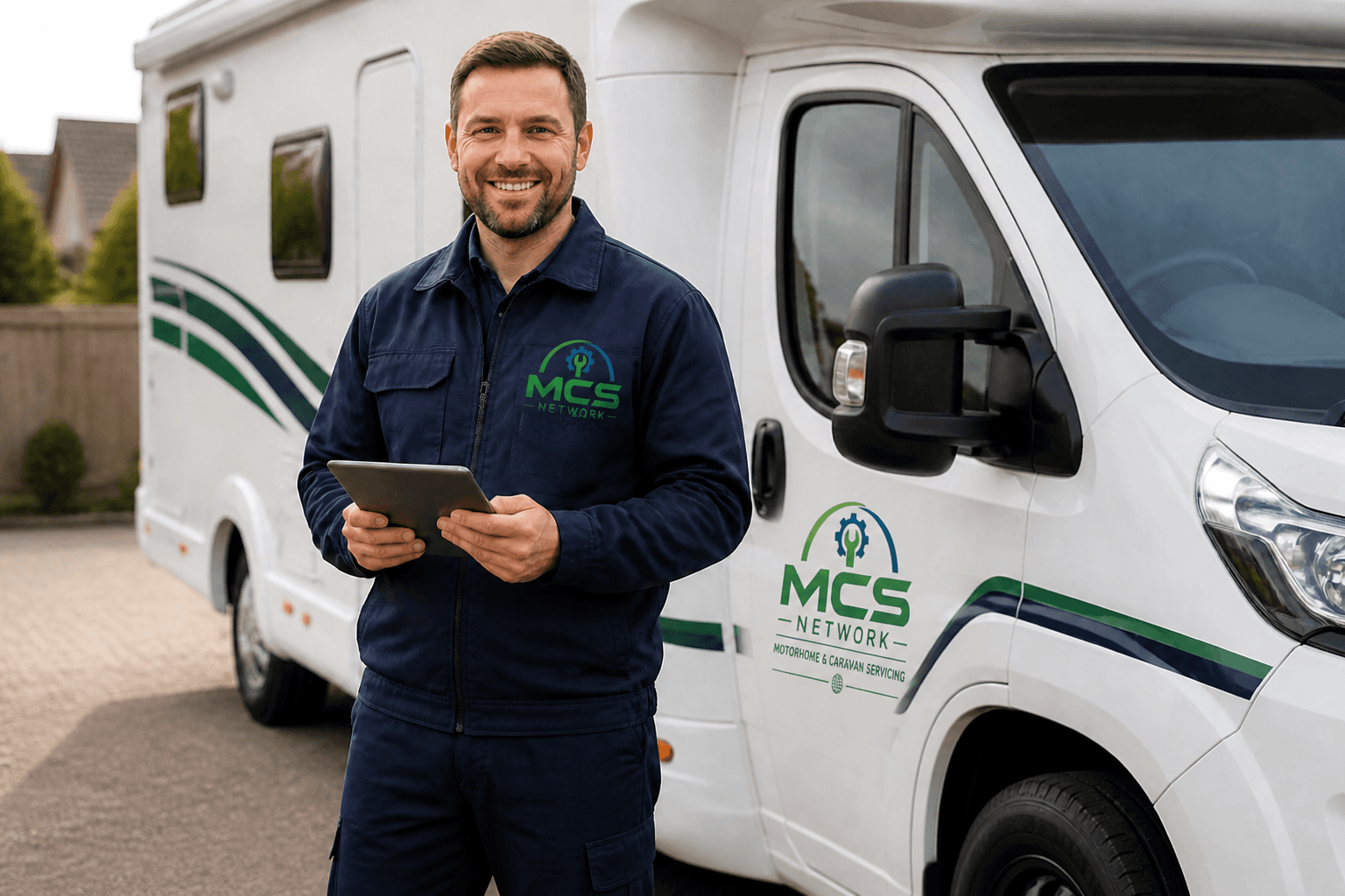MCS Network Engineer in uniform in front of service van