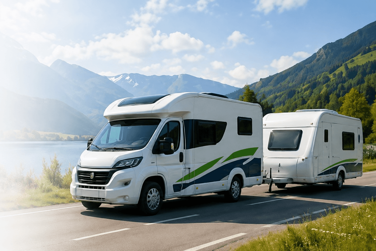 Motorhome and caravan on scenic road